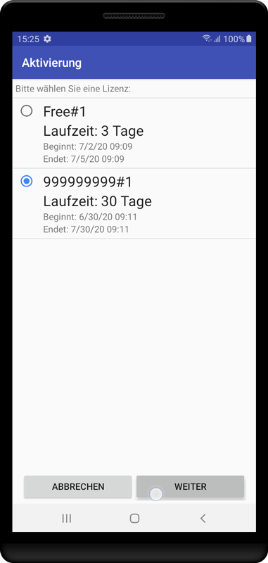 Wählen Sie eine Lizenz, falls Sie mehr als eine gültige und unbenutzte Lizenz in Ihrem Konto haben.