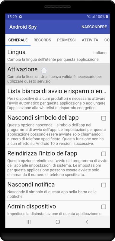 Apri le impostazioni Android Spy.