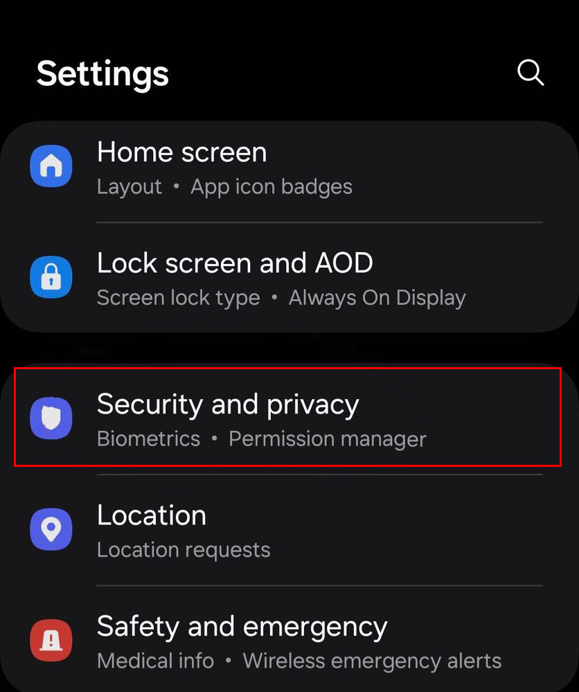 Start the device settings and navigate to «Security and privacy».