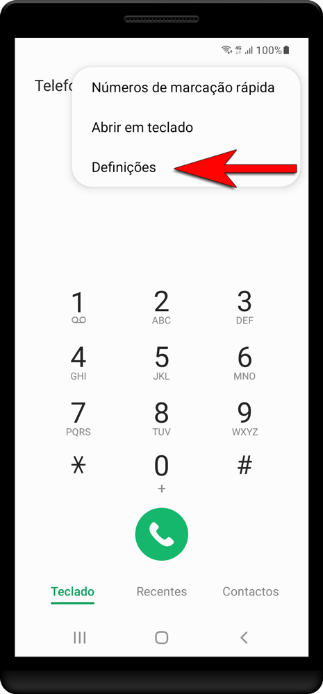 Pressione o símbolo de menu no canto superior direito e, em seguida, «Configurações».