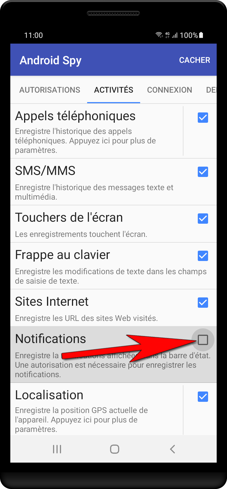 Ouvrez les paramètres pour Android Spy.