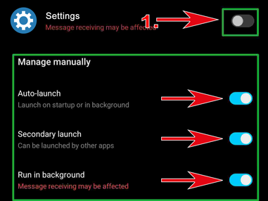 Disable the automatically management. Enable «Auto-launch», «Secondary launch» and «Run in background».