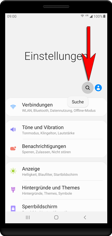 Starten Sie die Einstellungen des Geräts und drücken Sie auf das Such-Symbol.
