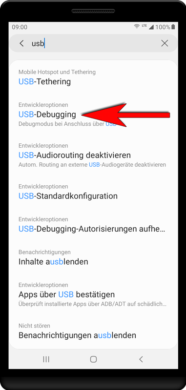 Kehren Sie zur Suche zurück, geben Sie «usb» ein und drücken Sie in der folgenden Liste «USB-Debugging».