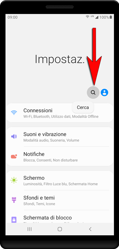 Avvia le impostazioni del dispositivo e premi il simbolo di ricerca.
