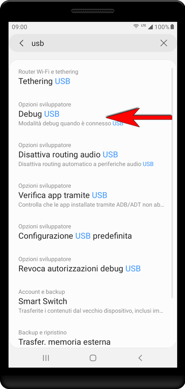 Torna alla ricerca, digita «usb» e premi «Debug USB» nell'elenco sottostante.