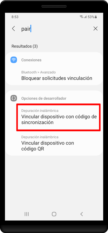 Vuelva a la búsqueda, escriba «pair» y presione «Vincular dispositivo con código de sincronización» en la lista a continuación.