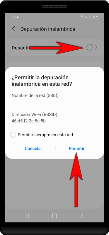 Encienda «Depuración inalámbrica».