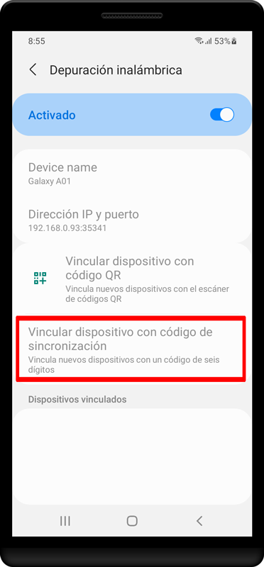 Presione «Vincular dispositivo con código de sincronización» si se le solicita el código de sincronización.