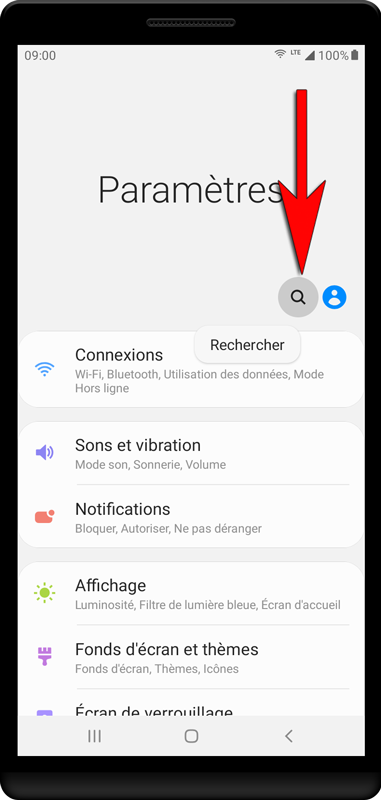 Démarrez les paramètres de l'appareil et appuyez sur le symbole de recherche.